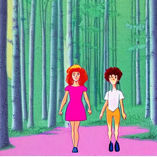 Image similar to screenshot from an animated 80s movie of a girl and tall monster walking through the woods