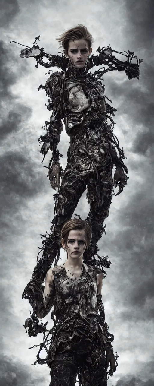 Prompt: Emma Watson fractal armour twinned conjoined sisters action poses dishevelled photorealistic portrait grimy sweating wet face dirty t-shirt and torn jeans in broken biomechanical fractal armour abandoned exploding sci-fi gas station, dark and dim atmospheric smog trending on artstation 8k matte painting, dramatic lighting, dramatic shadows professional photograph by Irving Penn