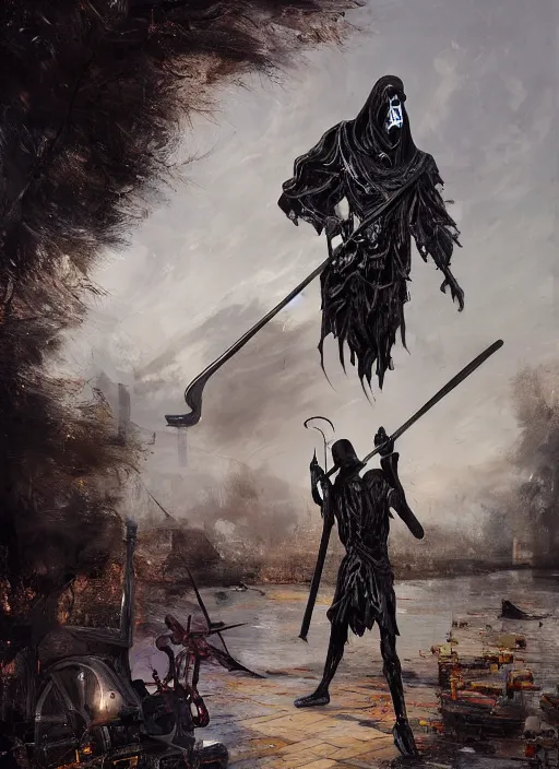 Prompt: grim reaper + scythe and black rose + kodachrome, 2 d, 3 d, ray tracing global illumination, insanely detailed and intricate, hypermaximalist, elegant, ornate, hyper realistic, super detailed : : by ismail inceoglu, by john constable