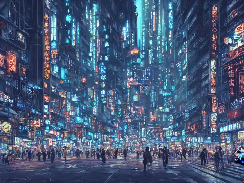 Prompt: hyperrealistic render of a rustling and busy city street at night, art deco buildings, crowded, by hugh ferris, by noriyoshi ohrai, fantasy, living buildings, classical architecture, cyberpunk ads, cyberpunk signs, blue color scheme, fine detail, polished, smooth, sharp focus, octane, 8 k resolution, cgsociety, trending on artstation