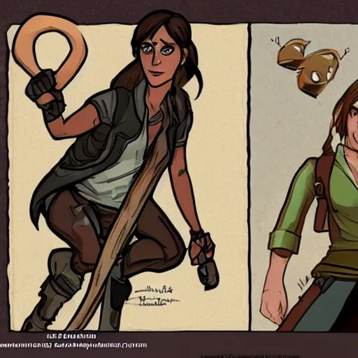 Image similar to emma watson teams up with lara croft, cartoon, rpg character, humblewood art style, concept art, fantasy