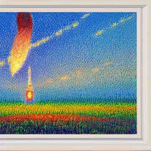 Image similar to rocket landing in a field of flowers at sunset, pointillism and impressionism painting