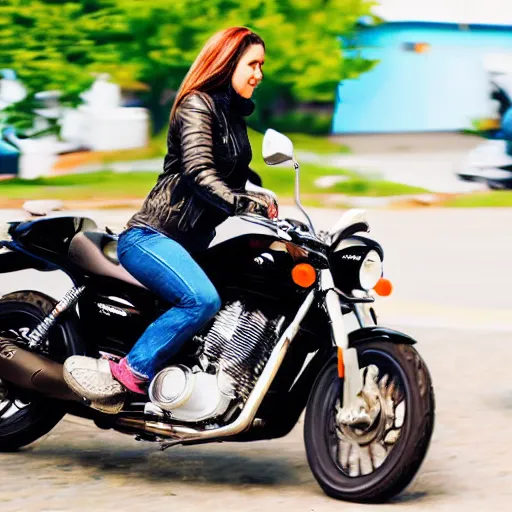 Prompt: girl riding motorcycle alone