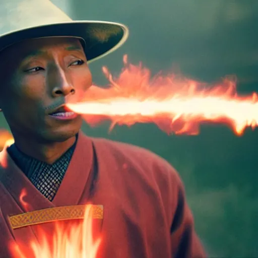 Image similar to cinematic film still Pharrell Williams starring as a Samurai holding fire, Japanese CGI, VFX, 2003, 40mm lens, shallow depth of field,film photography