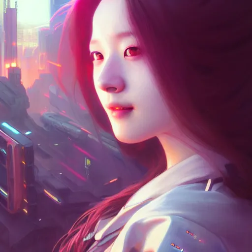 Prompt: portrait painting of cyberpunk chuu loona kpop smiling cheerfully, ultra realistic, concept art, intricate details, eerie, highly detailed, photorealistic, octane render, 8 k, unreal engine. art by artgerm and greg rutkowski and magali villeneuve and alphonse mucha