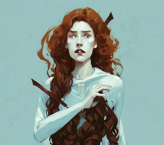 Image similar to portrait woman with long ginger curly hair, dress with runes, by atey ghailan, by greg rutkowski, by greg tocchini, by james gilleard, by joe fenton, by kaethe butcher, by ashley wood, dynamic lighting, gradient light blue, brown, blonde cream and white color scheme, grunge aesthetic