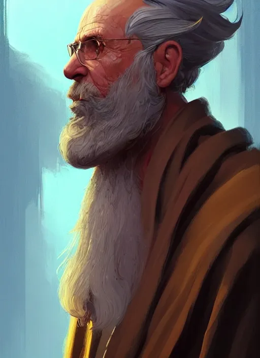 Prompt: old man with short beard, long hair! robes! modern, colourful!! highly detailed, digital painting, artstation, concept art, sharp focus, illustration, by greg rutkowski