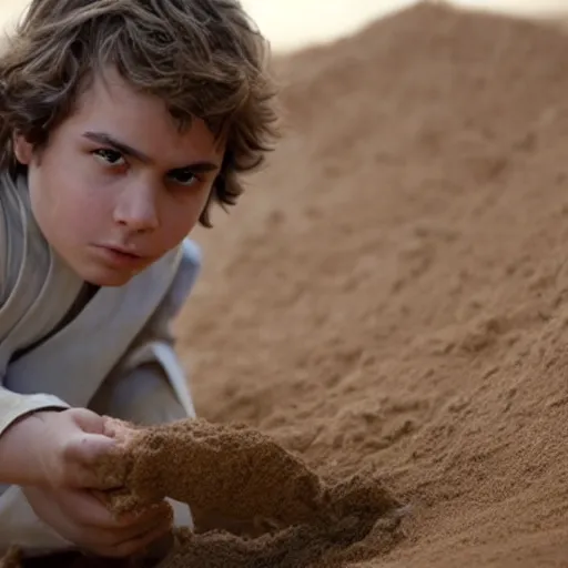 Prompt: still of Anakin Skywalker playing in a sandbox