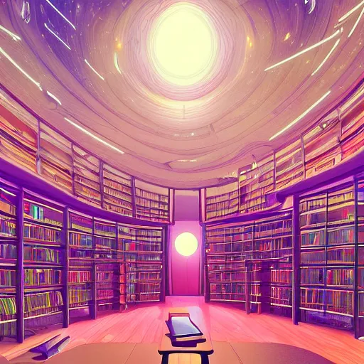 Prompt: detailed artstation + style, library of forever, interior of a futuristic cosmic library, brightly illuminated reading room with large windows and many modern chairs, light from stars and nebulae shining through windows, synthwave, futuristic - utopian architecture