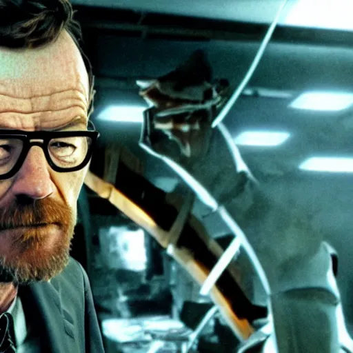 Image similar to Headcrab attacks Bryan Cranston as Gordon Freeman, still from a movie