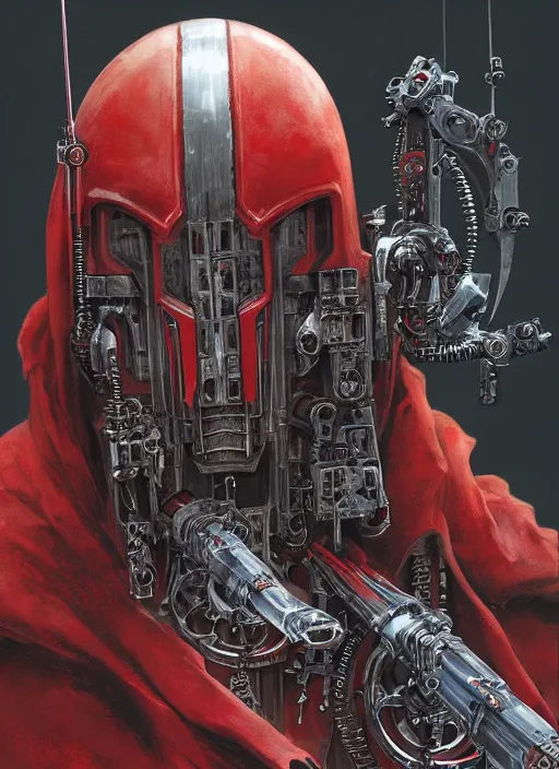 Prompt: portrait of human face adeptus mechanicus in red hood and robe from Warhammer 40000. Highly detailed, artstation, illustration by and John Blanche and zdislav beksinski and wayne barlowe