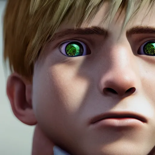 Image similar to detailed face of boy with blonde hair and brown eyes, unreal engine 5 rendered, incredibly highly detailed and realistic, 8 k, sharp focus, studio quality