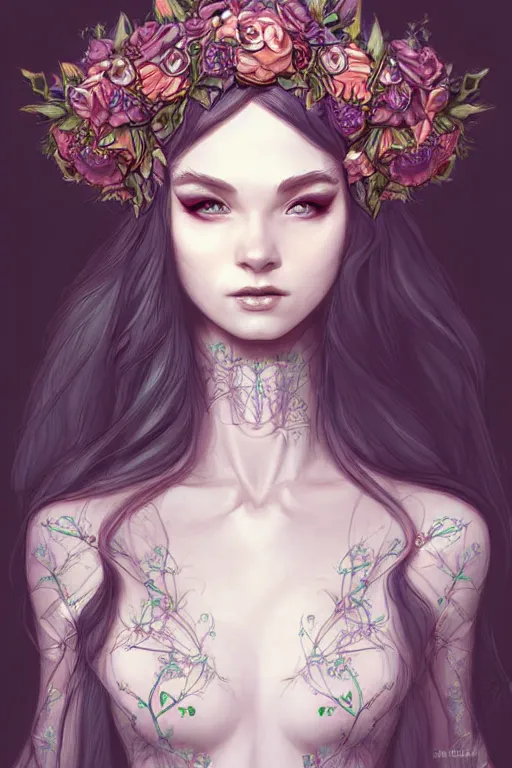 Image similar to digital art, centered elven bride, flower crown ,intricate, veins, by James Jean and by artgerm , ultradetailed, charachter design, concept art, trending on artstation,