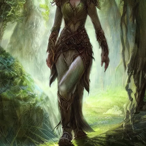 Image similar to A young elven female druid traveling trough the forest + concept art + detailed character portrait + James Gurney