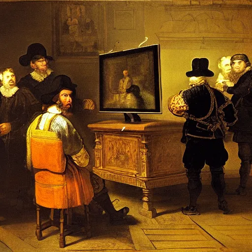 Prompt: a painting of people trading stocks in front of computer screens, in the style of syndics of the drapers'guild ( 1 6 6 2 ) by rembrandt. the screen shows candlestick trading chart