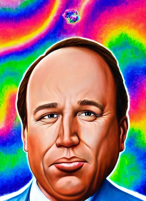 Image similar to highly detailed ultra realistic portrait of discheveled alex jones by lisa frank