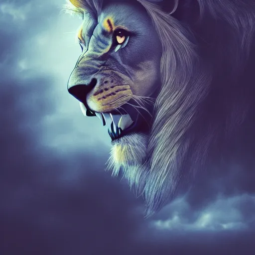 Image similar to a beautiful detailed 3 d matte portrait of a lion made of whirling dark smoke, ominous, dark cloud, magical realism, texture, intricate, skull, skeleton, whirling smoke radiant colors, fantasy, volumetric lighting, high details