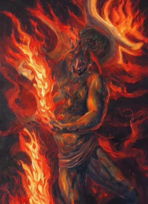 Prompt: the god of fire and brimstone. painting by caelan stokkermans and denys tsiperko