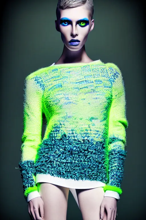 Image similar to stylish pullover for a rave bright colors, many details, photo for a magazine, photo for a store, fashion photography, Vogue, cinematic, hyper realism, high detail, 8k, very coherent symmetrical work, perfect face model, full length photo, Upper and lower body, white eyes, photographer style by Nik Night Erik Madigan Hec and Walter Chin and Camilla Akrans and Miles Aldridge