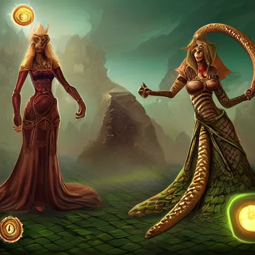 Image similar to snake headed woman, snake headed woman, snake headed woman, epic fantasy digital art, fantasy style art, fantasy hearthstone art style