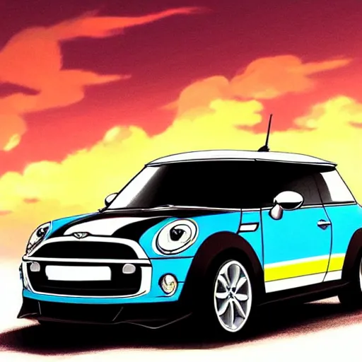 Image similar to anime art vehicle concept art, anime key visual of mini cooper s, at sunset at a beach, trending on pixiv fanbox, studio ghibli, extremely high quality artwork