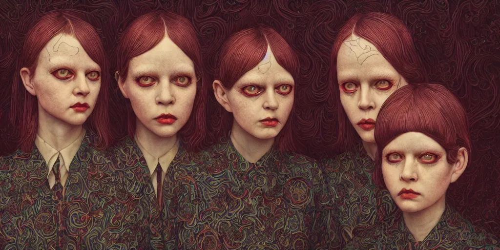 Image similar to creepy twins, dark background, backlit:: by Martine Johanna and Simon Stålenhag and Chie Yoshii and Casey Weldon and Guillermo del toro :: ornate, dynamic, particulate, intricate, elegant, highly detailed, centered, artstation, smooth, sharp focus, octane render, 3d