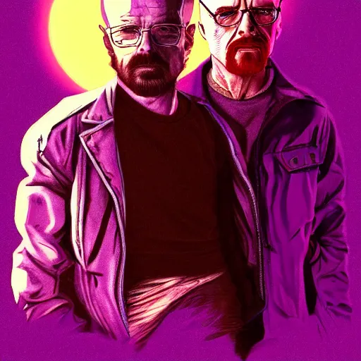 Image similar to walter white riding jesse pinkman, and a purple coloured leather jacket, one side haircut, long brown hair with light blue ends, portrait, hyperdetailed, artstation, cgsociety, synthwave by tangerine dream, by jean - michel jarre, by vangelis, by john carpenter