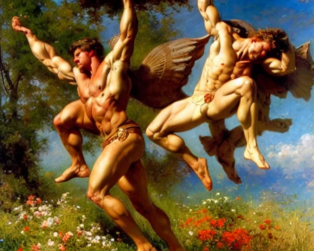 Image similar to muscular hercules and muscular achilles frolic in a meadow of beautiful flowers, a pegasus soars above them, painting by gaston bussiere, craig mullins, j. c. leyendecker,