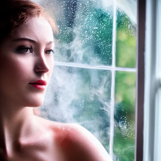 Image similar to The face of a beautiful woman as steam on a window, high definition photography, professional