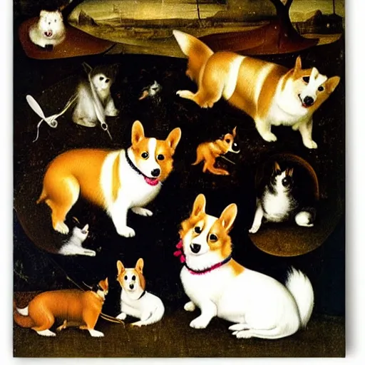 Image similar to highly detailed surreal painting of corgis by hieronymus bosch