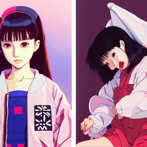 Image similar to a beautiful japanese natalie portman gravure model, wearing oversized native designer bomber jacket and leotard with overalls, bulky poofy bomber jacket with mesoamerican patterns, mesoamerican native street fashion, gapmoe yandere grimdark, trending on pixiv fanbox, painted by greg rutkowski makoto shinkai takashi takeuchi studio ghibli, akihiko yoshida