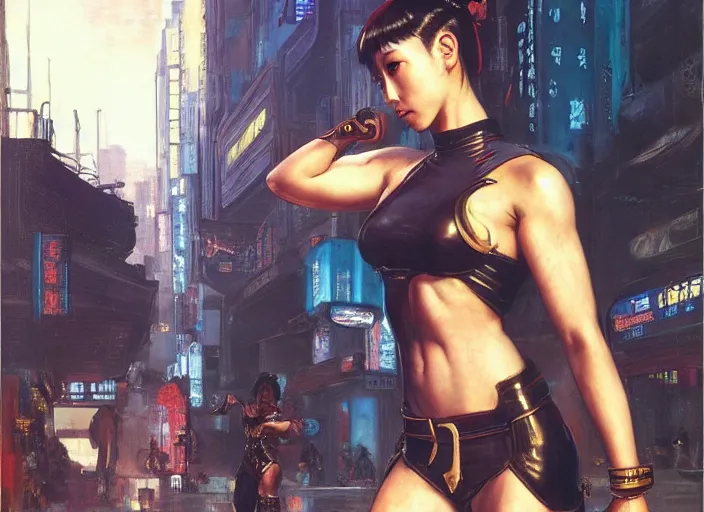 Prompt: chun li confronts thugs ( blade runner 2 0 4 9, cyberpunk 2 0 7 7 character design ). orientalist portrait by john william waterhouse and james gurney and theodore ralli and nasreddine dinet, oil on canvas. cinematic, hyper realism, realistic proportions, dramatic lighting, high detail 4 k