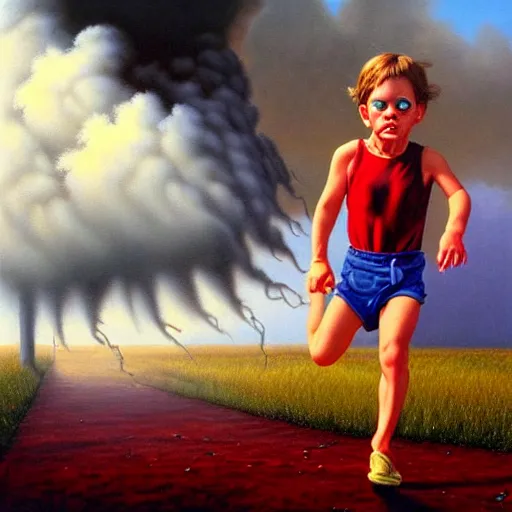 Prompt: a running child turning into vapor, mist, smoke, blood, scissors in hand, a detailed matte painting by Jason Edmiston, John Philip Falter