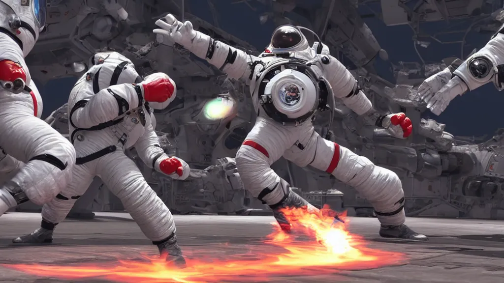 Image similar to an astonaut fighting a cosmonaut. VS fighting, videogame, unreal engine, octane render, 8k, 4k, tekken 3, tekken 2, street fighter, mortal kombat, side camera, life bars, win count, countdown, virtua fighter