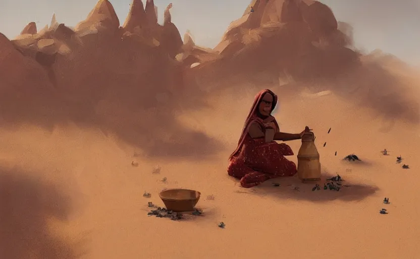 Image similar to A painting of a women harvesting spice in a desert trending on artstation in the style of Greg Rutkowski