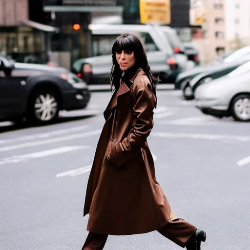 Image similar to portrait of a woman wearing dark brown trench coat with dark brown long hair with bangs walking in new york city