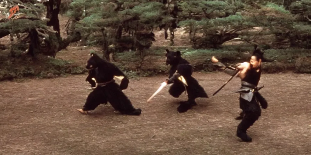 Image similar to scene from Shogun’s Shadow, 1989, movie still, cinematic, anthropomorphic, half man half asian black bear, black bear samurai, Moon Bear Samurai, epic, samurai