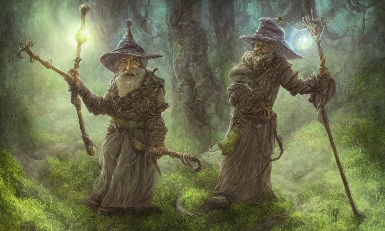 Image similar to a wizard with a staff, discworld theme, moss, nordic, pastel colors, 3 d art, digital illustration, perfect lighting