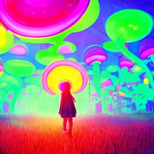 Image similar to Little girl wandering among many giant glowing mushrooms, Neon colors, psychedelic art, trippy, 4k, HQ, Trending on Artstation