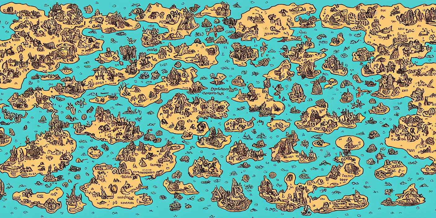 Prompt: a rpg map with big regions surrounded by ocean detailed, flat vivid colors and strokes illustrated by Mattias Adolfsson