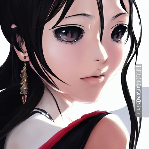 Image similar to luxury advertisement, astonishing portrait of a very beautiful anime high-school girl with black hair ponytail, white ribbon, full perfect face, realistic, highly detailed background, artstation, 120 degree view, drawn by Sasoura, Satchely and Akihiko Yoshida, no distortion