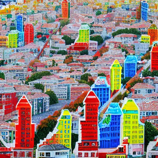 Prompt: a panorama city of istanbul made of haribo, windy early morning, painted by alma lavenson