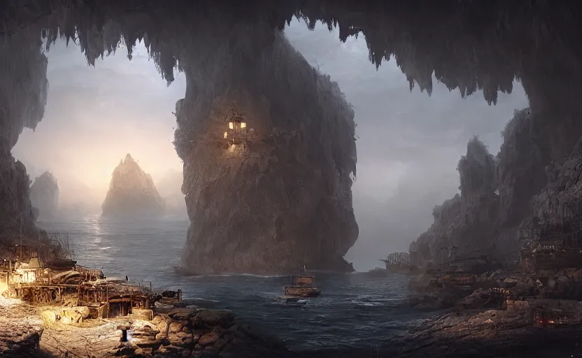 Image similar to A secret pirate town and harbor, in a cave. Underexposed, dark, centered. Atmospheric matte painting by Darek Zabrocki and Emmanuel Shiu, 4k ultra detailed, cinematic.