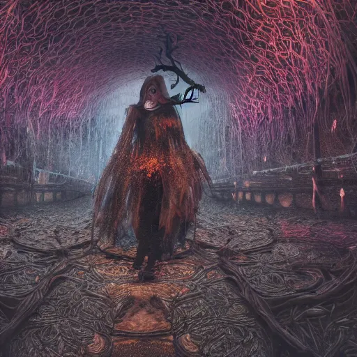 Image similar to photo of terrifying witch, hyper detailed, flowing background, intricate and detailed, trippy, 8 k, octane render