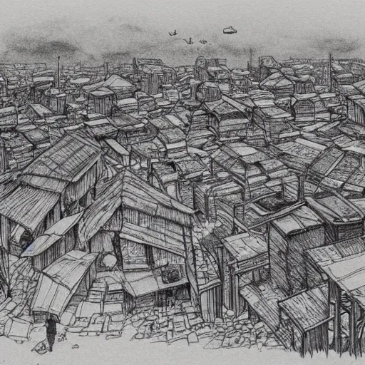 Image similar to slums in south africa, drawing by moebius