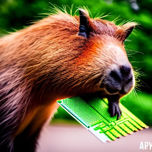 Prompt: cute capybara eating a neon nvidia gpu, chewing on a video card, cooling fans, cyberpunk, wildlife photography, bokeh, sharp focus, 3 5 mm, taken by sony a 7 r, 4 k, award winning