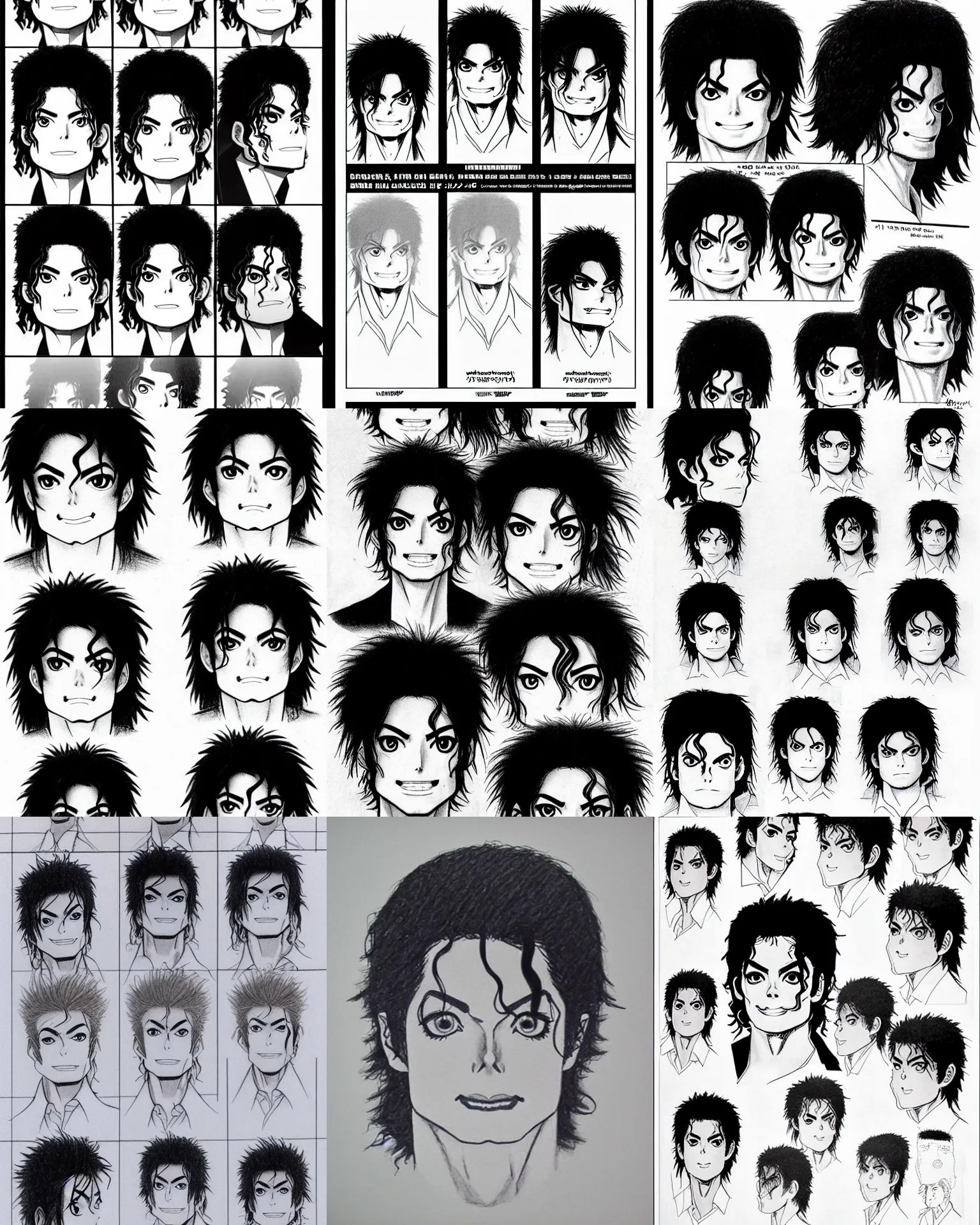 Prompt: !pencil, manga! michael jackson head portrait manga model sheet