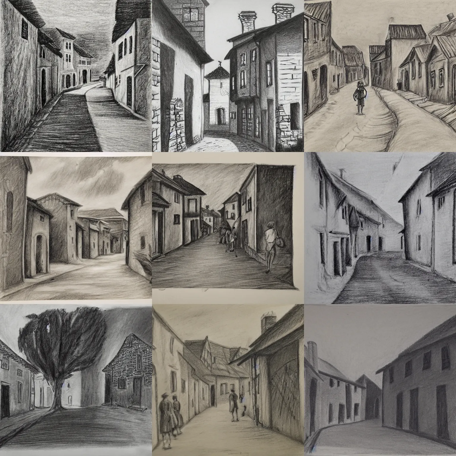 Prompt: a charcoal drawing of an 18th century village street