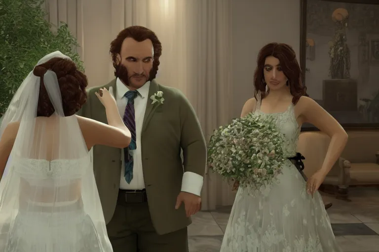 Image similar to a still from My Big Fat Greek wedding, wedding, wedding, with Fox McCloud and godzilla, octane render, nvidia raytracing demo, masterpiece