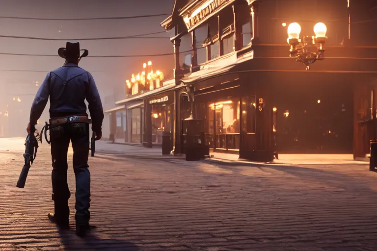 Image similar to third person view of a cowboy, carrying a gun, on a victorian shopping mall, cinematic lightning, ray tracing, unreal engine 5, photorealistic, 8 k, uhd, 4 k, red dead redemption 2 game concept, extremely detailed, beautiful, elegant, intricate, foggy, in - game footage